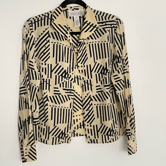 Vintage Silk Jones New York Beige Navy Blue Abstract Print Button Down Blouse - Picture 3 of 10